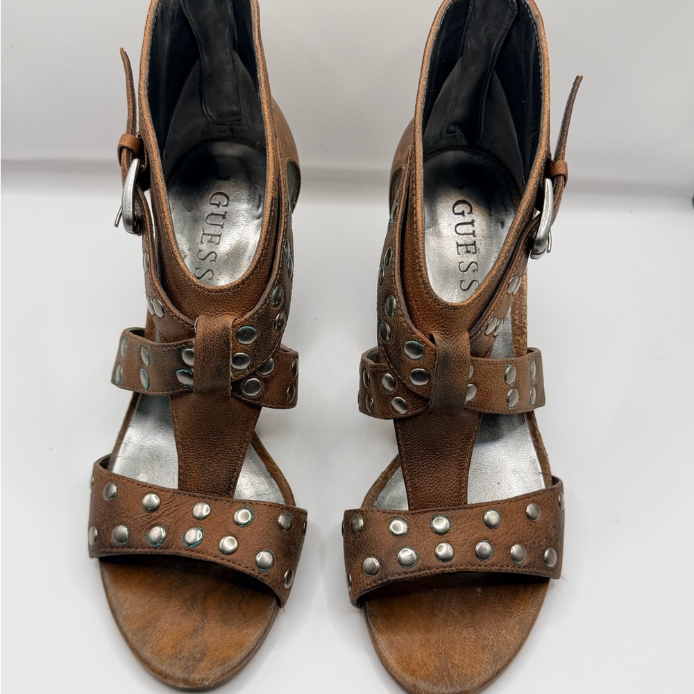 GUESS Brown Studded Leather Gladiator Cage Heels